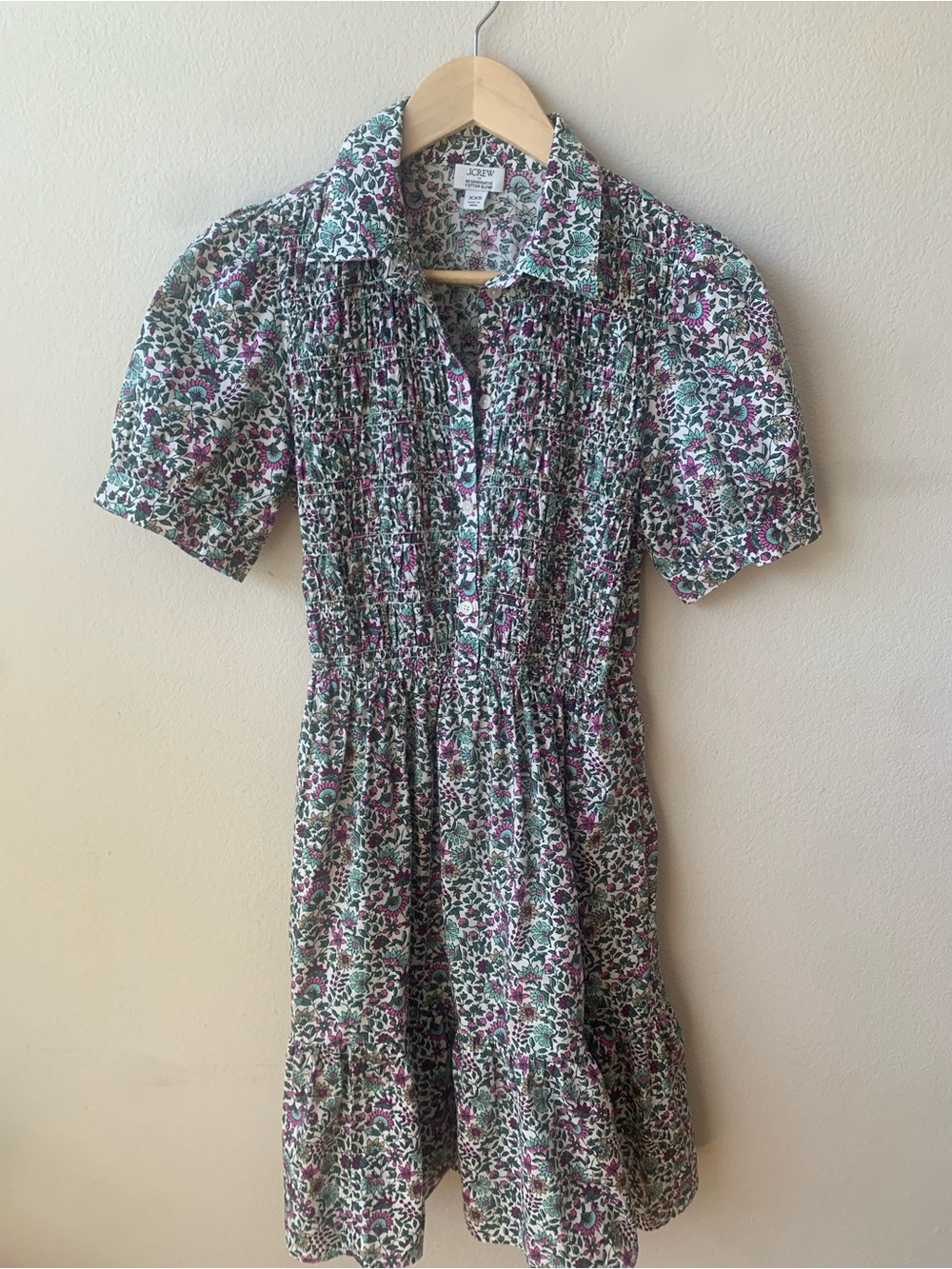 J. Crew Floral Shirred Mini Dress in Green, Purple & White